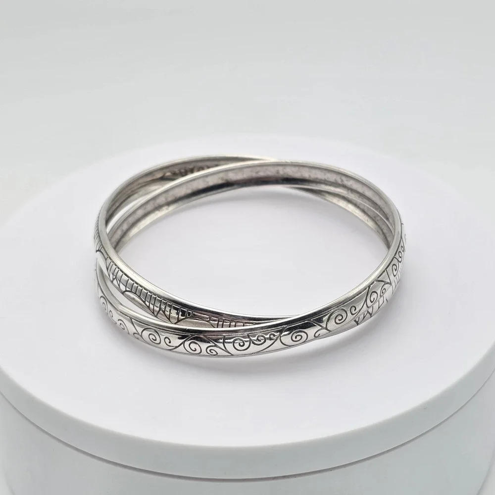 Vtg BRIGHTON 'Avenue' Bracelet Etched Double Interlocked Bangles‎ Silver Plated